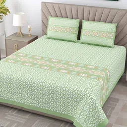 JAIPUR FABRIC Green & White Ethnic Motifs Cotton 300 TC King Bedsheet with 2 Pillow Covers-image-20