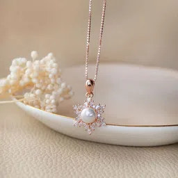MANNASH Rose Gold-Plated Stone-Studded & Pearl Beaded Sterling Silver Pendant With Chain-picture-45