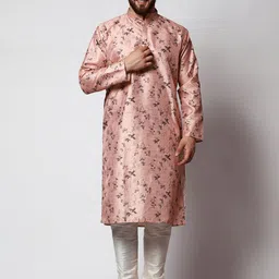 MAG Men Orange Floral Embroidered Regular Thread Work Kurta with Churidar-image-80