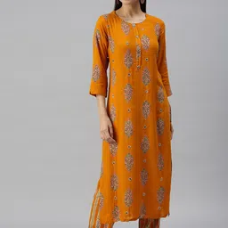 SHOWOFF Women Mustard Yellow Floral Printed Kurta with Trousers-picture-33