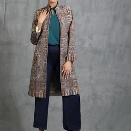 DUSALA INDIA Women Floral Woollen Longline Open Front Jacket with Embroidered-picture-22