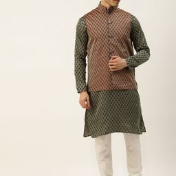 SOJANYA Men Olive Green & Rust Red Jacquard Ethnic Motifs Straight Kurta with Churidar-picture-43