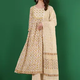 WOMENCLICK Printed Mirror Work  Pure Cotton Panelled A-Line Kurta With Palazzos & Dupatta-picture-49