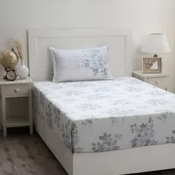 MASPAR Optimist Bloom White Floral Printed 300 TC Cotton Single Bedsheet & 1 Pillow Cover-picture-16