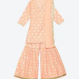 Biba Girls Peach-Coloured Ethnic Motifs Embroidered Kurti with Sharara & With Dupatta-picture-42