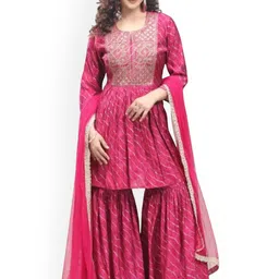 COTTON CULTURE Leheriya Printed Thread Work Pure Silk Kurta With Sharara & Dupatta-image-30