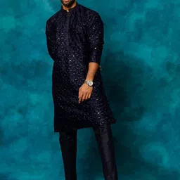 VASTRAMAY Floral Embroidered Sequinned Straight Kurta With Trousers-picture-13