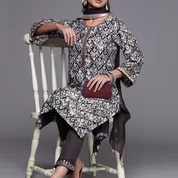 Biba Women Charcoal Grey & White Motifs Print Sequinned Kurta with Trousers & Dupatta-picture-37