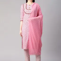 Sringam Women Pink Ethnic Motifs Regular Pure Cotton Kurta with Trousers & Dupatta-picture-15