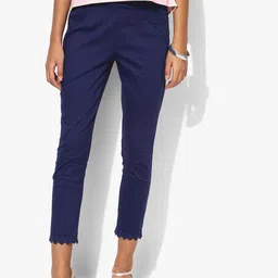 Rangriti Women Navy Pure Cotton Slim Fit Cropped Cigarette Trousers-picture-21
