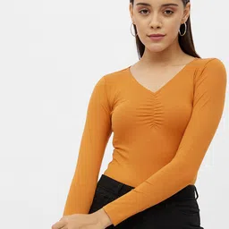 Harpa Mustard Yellow Cotton Blend Fitted Top-image-39