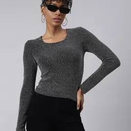 SHOWOFF Round Neck Embellished Fitted Top-image-26