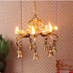 Two Moustaches Yellow Twin Peacock Over Oil Wick Brass Hanging Diya with Bells-image-39