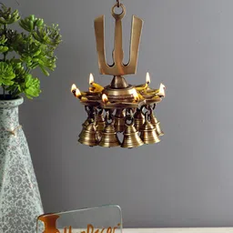 Two Moustaches Brown Brass 9 Oil Wick Hanging Diya-image-37
