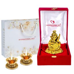 INTERNATIONAL GIFT Gold Toned & Red Ganesh Idol With Sitar With 2-pcs Diya Gift Set-picture-5