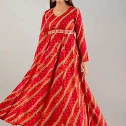 KALINI Floral Printed Belted A-Line Maxi Ethnic Dress-image-46