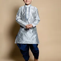 BAESD Boys Floral Embroidered Regular Mirror Work Dupion Silk Kurta with Pyjamas-image-56