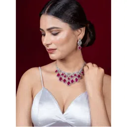 Niscka Silver Rhodium Pink & White American Diamond Necklace with Earrings-image-35