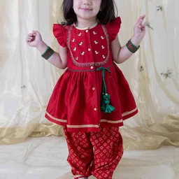 Tiber Taber Girls Floral Embroidered Chanderi Silk Kurti with Salwar-image-81