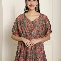 KALINI Floral Printed V-Neck Kimono Sleeve Waist Tie-Ups Pure Silk Kaftan Top-picture-37