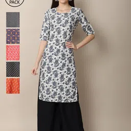 7Threads Women Grey & Navy Blue Pack of 6 Floral Printed Crepe Kurtas-picture-18