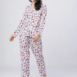 Tokyo Talkies Women White & Purple Printed Night Suit-picture-0
