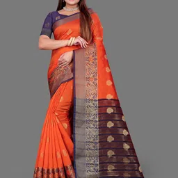 Indian Fashionista Orange & Navy Blue Woven Design Zari Art Silk Half and Half Banarasi Saree-image-9
