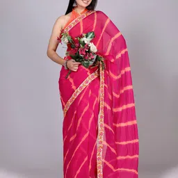 VL SAREES Leheriya Kutchi Embroidery Pure Chiffon Leheriya Saree-image-100