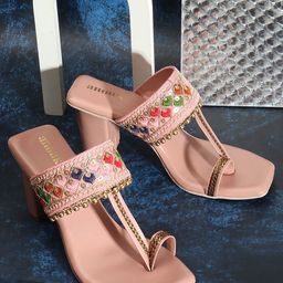 Anouk Peach-Coloured & Gold-Toned Embroidered Block Heels-picture-27