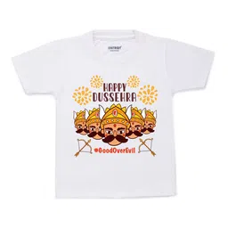 KNITROOT Unisex Kids White Happy Dussehra Printed Applique T-shirt-picture-48