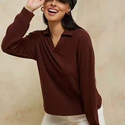 Styli Women Brown Polo Collar T-shirt-picture-40