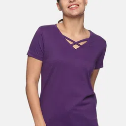 Trends Tower Women Purple V-Neck Pure Cotton T-shirt-picture-35