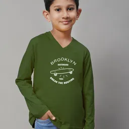 Friskers Boys Olive Green Typography Printed V-Neck T-shirt-picture-35
