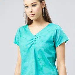 CHIMPAAANZEE Women Green Tie & Dye V-Neck T-shirt-picture-25