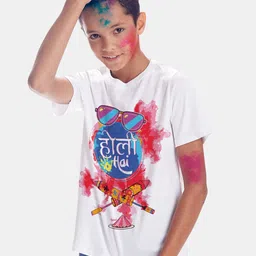 BONKIDS Boys White Printed Holi Hai Holi T-shirt-image-40