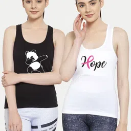 Friskers Women Pack Of 2 Black & White Print Cotton Tank Tops-picture-30