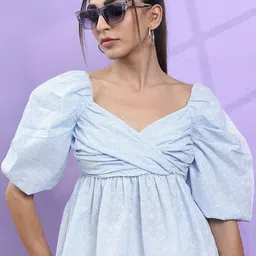 Tokyo Talkies Sweetheart Neck Puff Sleeves Self Design Wrap Top-image-35