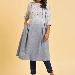 W Grey & Navy Blue Floral Embroidered Pure Cotton A-Line Kurta-picture-36