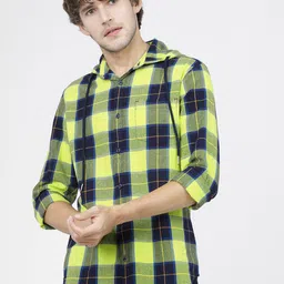 HIGHLANDER Men Lime Green & Navy Blue Slim Fit Buffalo Checked Hooded Cotton Casual Shirt-picture-30