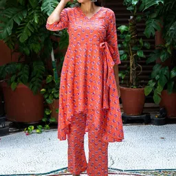 WEAVLLITE Ethnic Motifs Printed Pure Cotton A Line Kurta With Trousers-picture-41