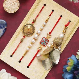 eCraftIndia Unisex Set Of 4 Stone Studded & Pearls Beaded Thread Rakhis-picture-17