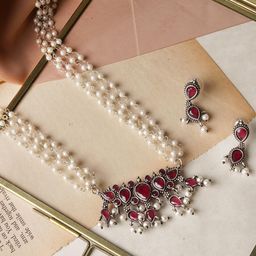 Teejh White & Red Silver Toned Binita Stone Pearl Jewellery Set-picture-16