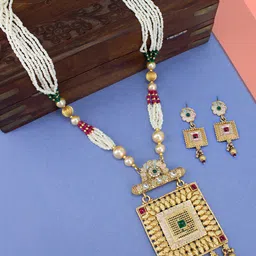 PRIVIU Gold-Plated Artificial Stones-Studded & Beaded Necklace And Earrings-image-12