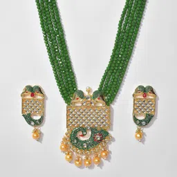 SOHI Women Gold-Plated Green Kundan Stone-Studded & Beaded Jewellery Set-image-87