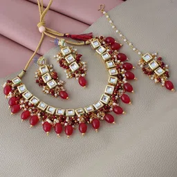 LUCKY JEWELLERY Gold-Plated White & Maroon Kundan-Studded & Beaded Jewellery Set-picture-20