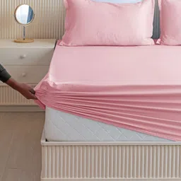 HOMEMONDE Pink Cotton 210 TC Fitted Queen Bedsheet with 2 Pillow Covers-image-7
