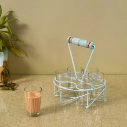 aakriti art creations Blue Glass and Metal 7 Pcs Glasses With Stand-picture-19
