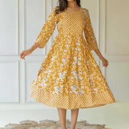 KALINI Floral Printed Round Neck Cotton Fit & Flare Midi Ethnic Dress-image-87