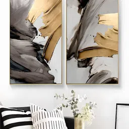THE HANDMADE FLAIR 2 Pcs Grey & Golden Modern Abstract Daub Painting Wall Art-image-56