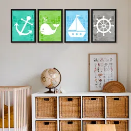 999Store 4-Pcs Blue & Green Anchor Whale Sailboat And Ship Wheel Painting Framed Wall Art-picture-16